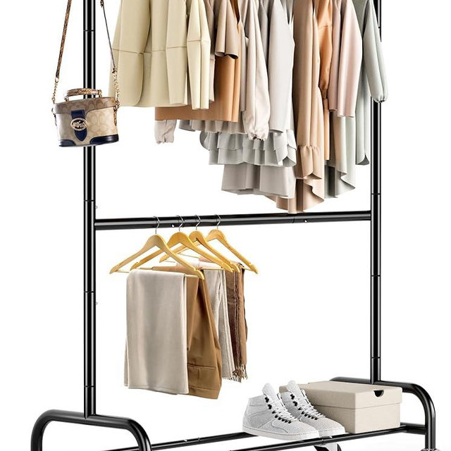 MISSLO Heavy Duty Clothing Racks for Hanging Clothes Rack Double Rod Garment Rack Rolling Closet Wardrobe Rack on Wheels, Metal, Adjustable, Black