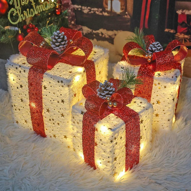 Christmas Decorations：Set of 3 Christmas Lighted Gift Boxes Plush Xmas Decor with 60 LED Warm White Fairy Lights for Christmas Tree Skirt Indoor Outdoor Porch Holiday Decor