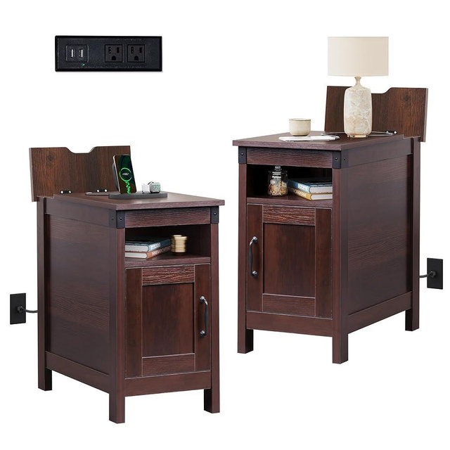WLIVE Narrow End Table Set of 2 with Charging Station, Narrow Side Tables Living Room, Small Spaces, Couch, Narrow Night Stand Set with Storage, USB Ports and Outlets, Espresso