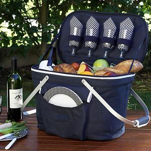 Picnic at Ascot Collapsible Insulated Picnic Basket Equipped with Service For 4 - Navy