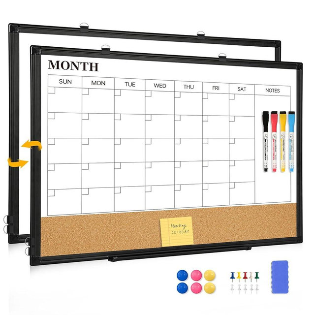 QUEENLINK Dry Erase Calendar Board for Wall, 24"x18" Magnetic Whiteboard Calendar Double-Sided Monthly White Board with Cork Board, Black Aluminum Frame Memo Message Board for Office, Home, School