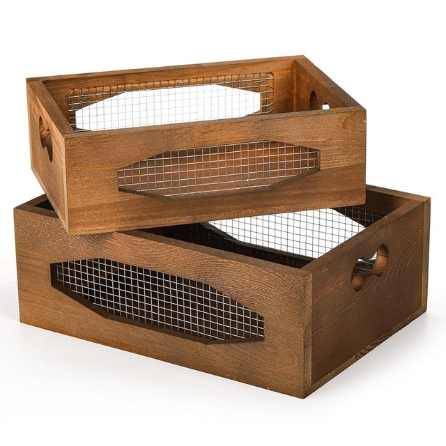 Okllen Set of 2 Wooden Nesting Countertop Baskets, Decorative Wood Storage Box Farmhouse Rustic Crate with Cutout Handles for Bread, Fruit, Vegetables, Kitchen, Bathroom, Pantry Supplies, Brown