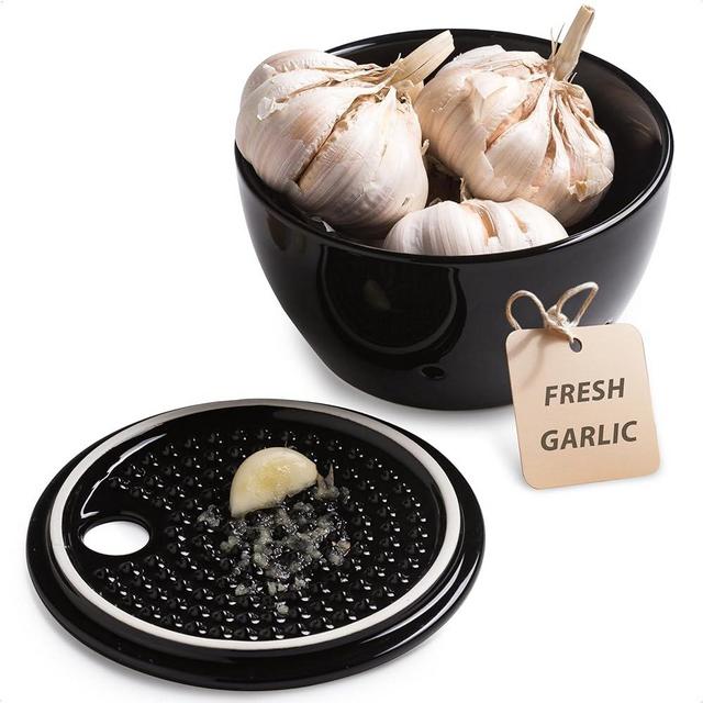 YHOJOY Ceramic Garlic Keeper with Lid, Garlic Holder Storage for Counter, Garlic Saver Container with Ginger Grater Plate, Black