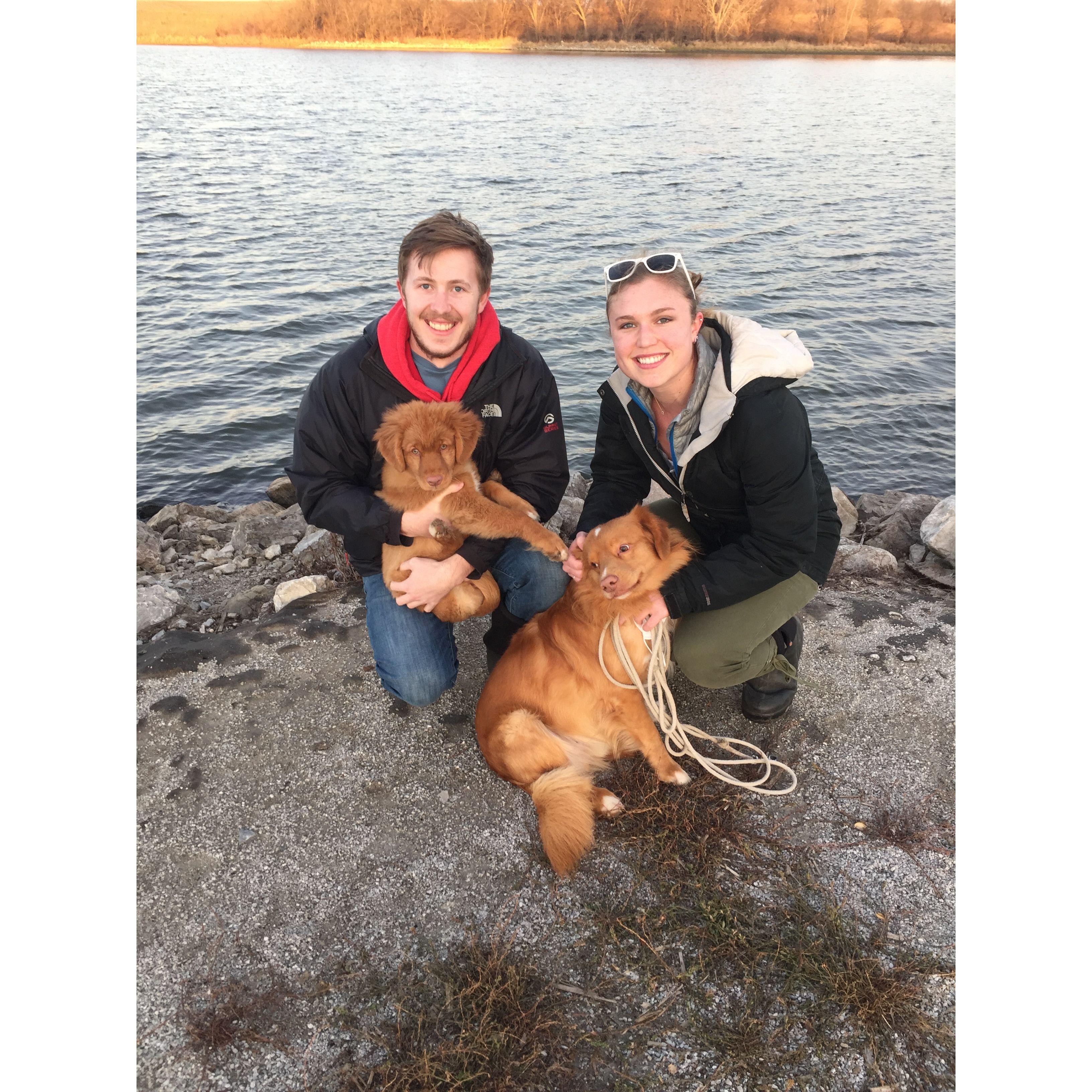 Taking the doggos for a walk near Hedgefield lake near Wyatt's parents' home in Hickman, NE.