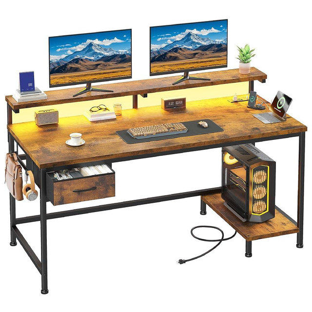47.2 Inch Office Desk with Power Outlet & Ergonomic Monitor Stand,Gaming Desk with CPU Stand& LED Lights,Computer Desk with Drawer for Home Work,Study Redroom and Gaming,Small Spaces,Rustic Brown