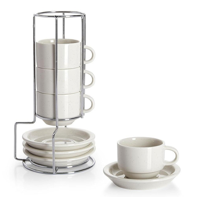 Sweese 2.5 Ounce Porcelain Stackable Espresso Cups with Saucers and Metal Stand Set of 4, Dove Grey