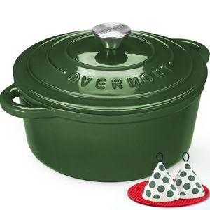 Overmont Enameled Cast Iron Dutch Oven - 5.5QT Pot with Lid Cookbook & Cotton Potholders - Heavy-Duty Cookware for Braising, Stews, Roasting, Bread Baking Glossy Green