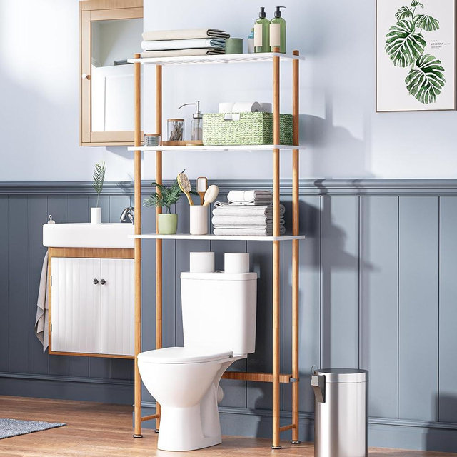 AmazerBath Bamboo Over The Toilet Storage Shelf, Bathroom Storage Organizer Rack, 3-Tier Bathroom Shelves Space Saver, White and Natural Color