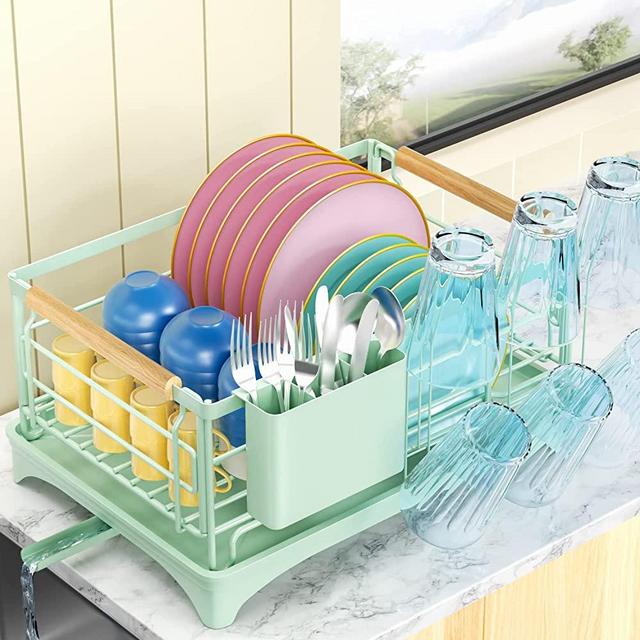 G-TING Dish Drying Rack, Dish Rack for Kitchen Counter, Rust-Proof Dish Drainer with Drying Board and Utensil Holder for Kitchen Counter Cabinet, 16.6” L× 12.6”W× 7.8”H, Mint Green