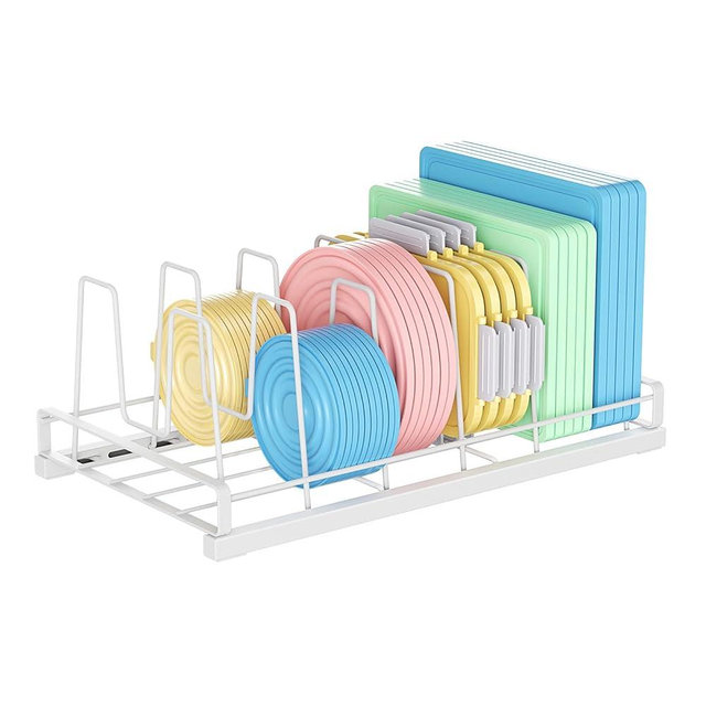 ZDDLOINP Food Container Lid Organizer for Cabinet,with 6 Adjustable Dividers Detachable,Metal Pot Lid Organizer Rack Storage Plastic Lids Pots Bakeware for Cabinets, Cupboards,Pantry, Drawers (White)