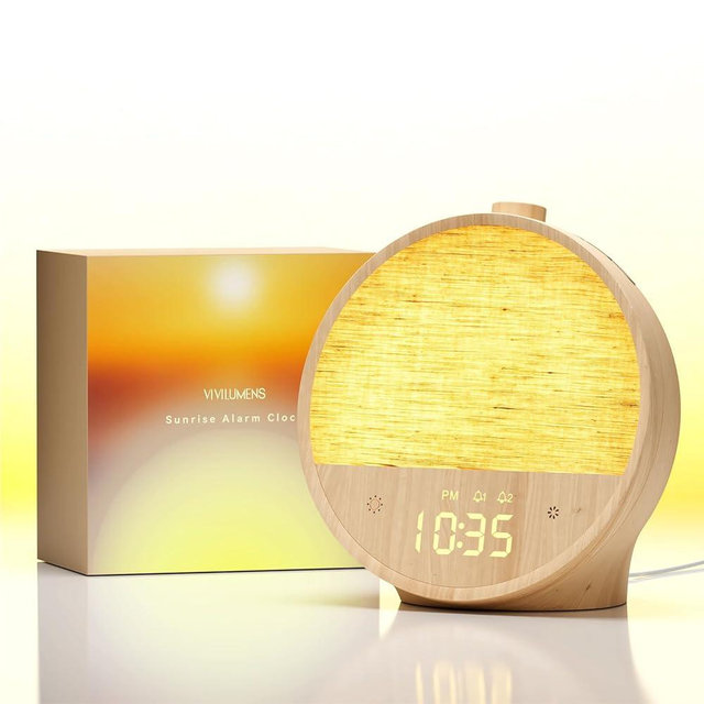 Vivilumens Wood Grain Sunrise Alarm Clock, Gentle Wake-Up Light Sound Machine, Dual Alarms for Heavy Sleepers, Natural Sounds, RGB Mood Light, Dimmable Bedside Night Lamp, Ideal for Bedroom & Gifts