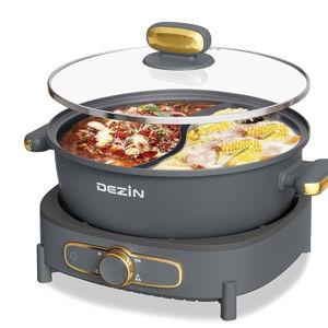 Dezin Hot Pot Electric with Divider, 6L Double-Flavor Shabu Shabu Pot, Dual Sided Removable Non-Stick Hotpot Pot Electric, 3" Depth Chinese Hot Pot with Multi-Power Control, 2 Silicone Ladles Included