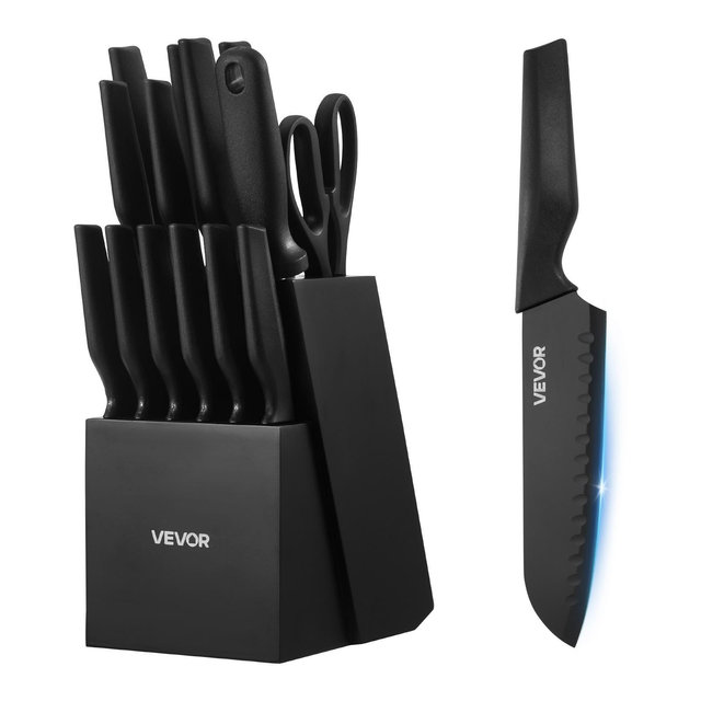 VEVOR Kitchen Knife Set with Block and Sharpener, 15 Piece German High Carbon Stainless Steel Knife Set, with PP Ergonomic Handle, Black