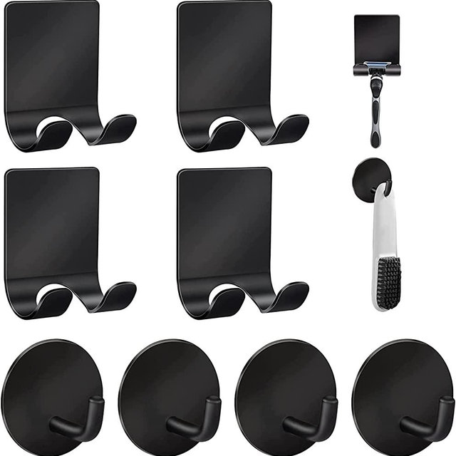 Diesisa Razor Holder for Shower + Adhesive Wall Hooks, Premium 304 Stainless Steel Shower Razor Holder with Heavy Duty Waterproof Sticky Hooks for Hanging Towels, Coat, hat (4+4 Pack) - Black