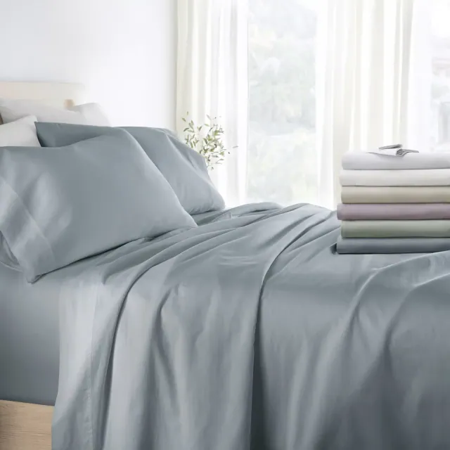 300 Thread Count 100% Cotton 4 Piece Solid Sheet Set Sateen Weave - Becky Cameron, Blue, Queen