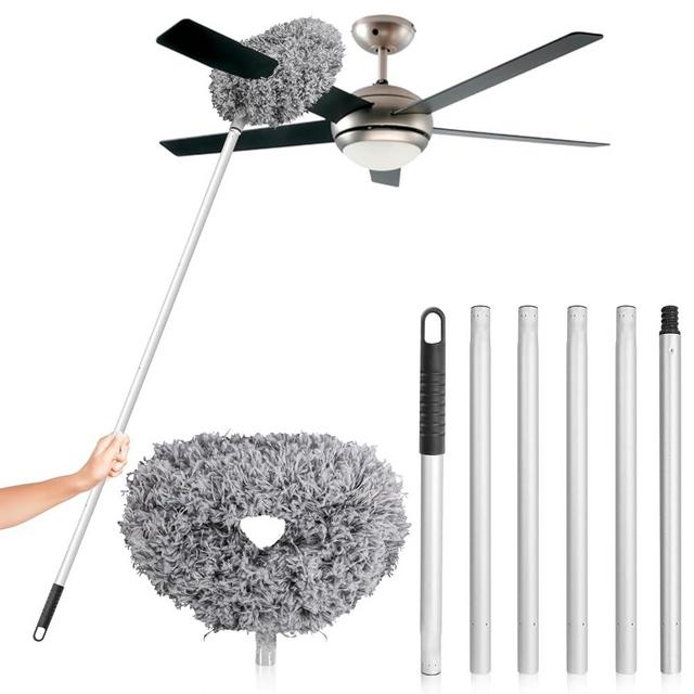 Ceiling Fan Cleaner Duster High Ceiling Extended Fan Blade Cleaner from 13 to 71 Inch Reusable Microfiber Ceiling Fan Duster with 6 Extension Poles for Wall Door Furniture Bookshelves (Gray)