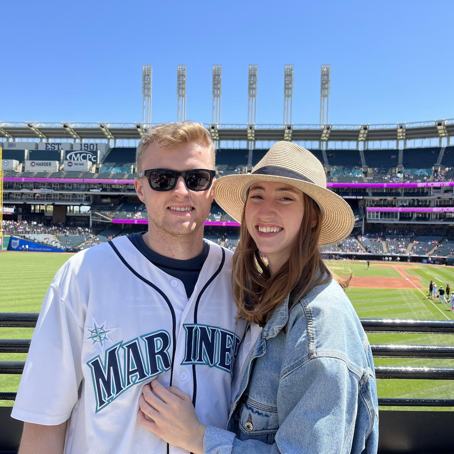 We enjoy going to sports games in Cleveland, here we are at the Guardians (MLB). Notice Kieran sporting his Mariners jersey.