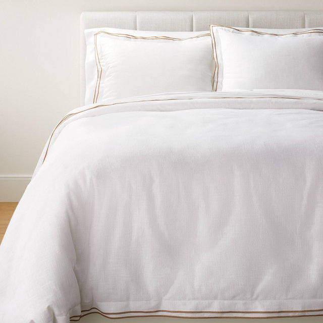 King Double Flange Merrow Stitch Duvet Cover & Sham Set White/Camel - Threshold™ designed with Studio McGee