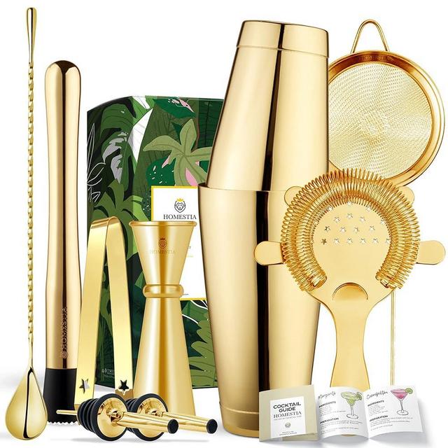 Homestia Boston Shaker Set Bar Set Martini Shaker Set 9 pcs, 18oz & 28oz Boston Cocktail Shaker Set Bar Tools Bartender Tool Kit, Golden Cocktail Set Cocktail Mixer Set Bar Essentials with Recipes