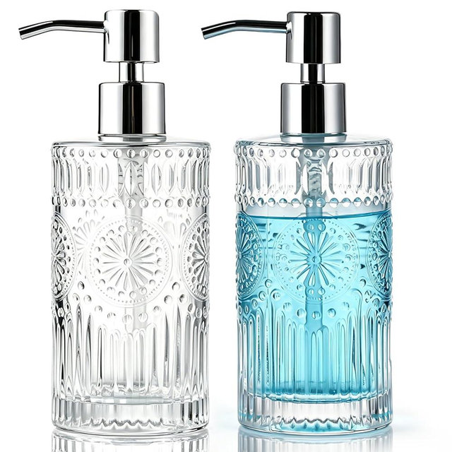 DAXGUUD 2-Pack Glass Soap Dispensers, 16 fl oz Refillable Liquid Hand Soap Bottles with Pump, Vintage Embossed Dish Soap Dispenser for Bathroom, Kitchen, Shower (Clear)