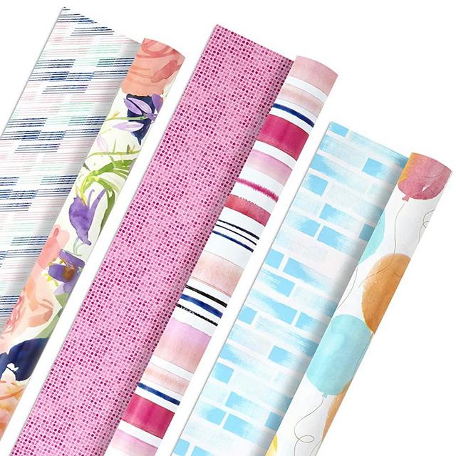 Hallmark All Occasion Reversible Wrapping Paper Bundle - Watercolor Flowers, Stripes, Balloons (3-Pack: 75 sq. ft. ttl.) for Birthdays, Mothers Day, Weddings, Baby Showers, Bridal Showers, Easter