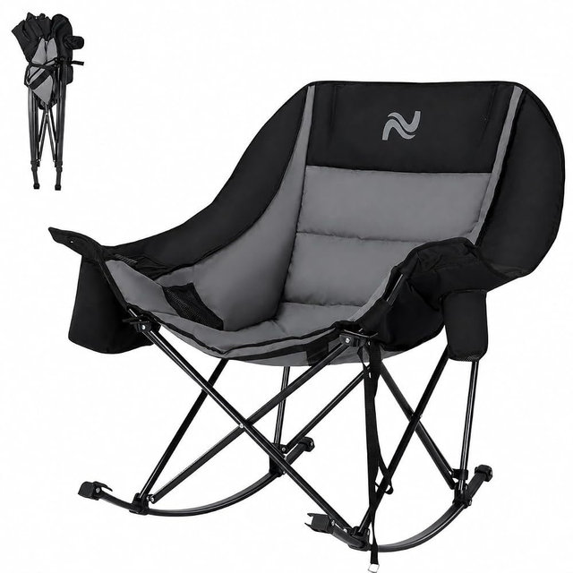 ABORON Oversized Rocking Camping Chair for Adults, Fully Padded Folding Outdoor Lawn Chair with Side Pocket, Supports 400 lbs,Portable Recliner Chair for Camp, Patio, Backyard
