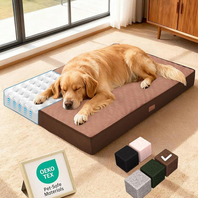 OhGeni Orthopedic Waterproof Dog Bed for Large Dogs, Machine-Washable Removable Cover in Easy-Clean Fabric, High Density Foam & Easy-Carry Handle, Suitable for Crate, 41 inch (Brown)