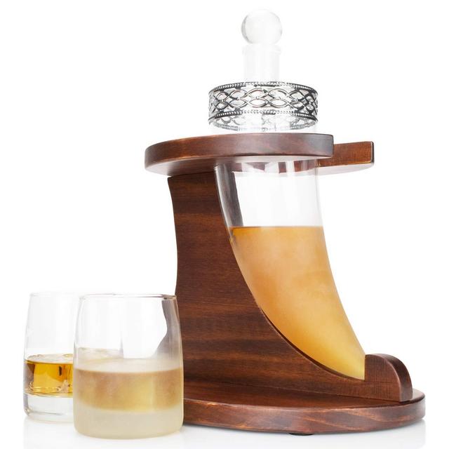 Atterstone Viking Horn Whiskey Decanter 4 Piece Bar Set, Includes a 9.66” x 3.73” Viking Horn Decanter, 2 Glasses, and Wooden Stand Base