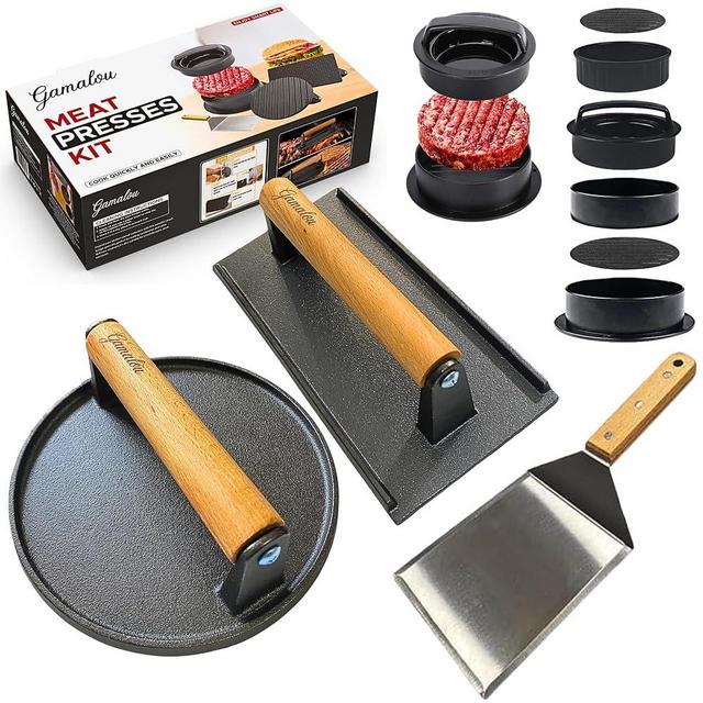Smashed Burger Press BBQ Kit : 7" Round & 8.2x4.3 Rectangle Cast Iron Bacon Press, 3-in-1 Patty Maker, Spatula 6x5”, Burger Press Griddle Set for Blackstone, Weber, Pit Boss, Traeger, Grills, Fry Pan