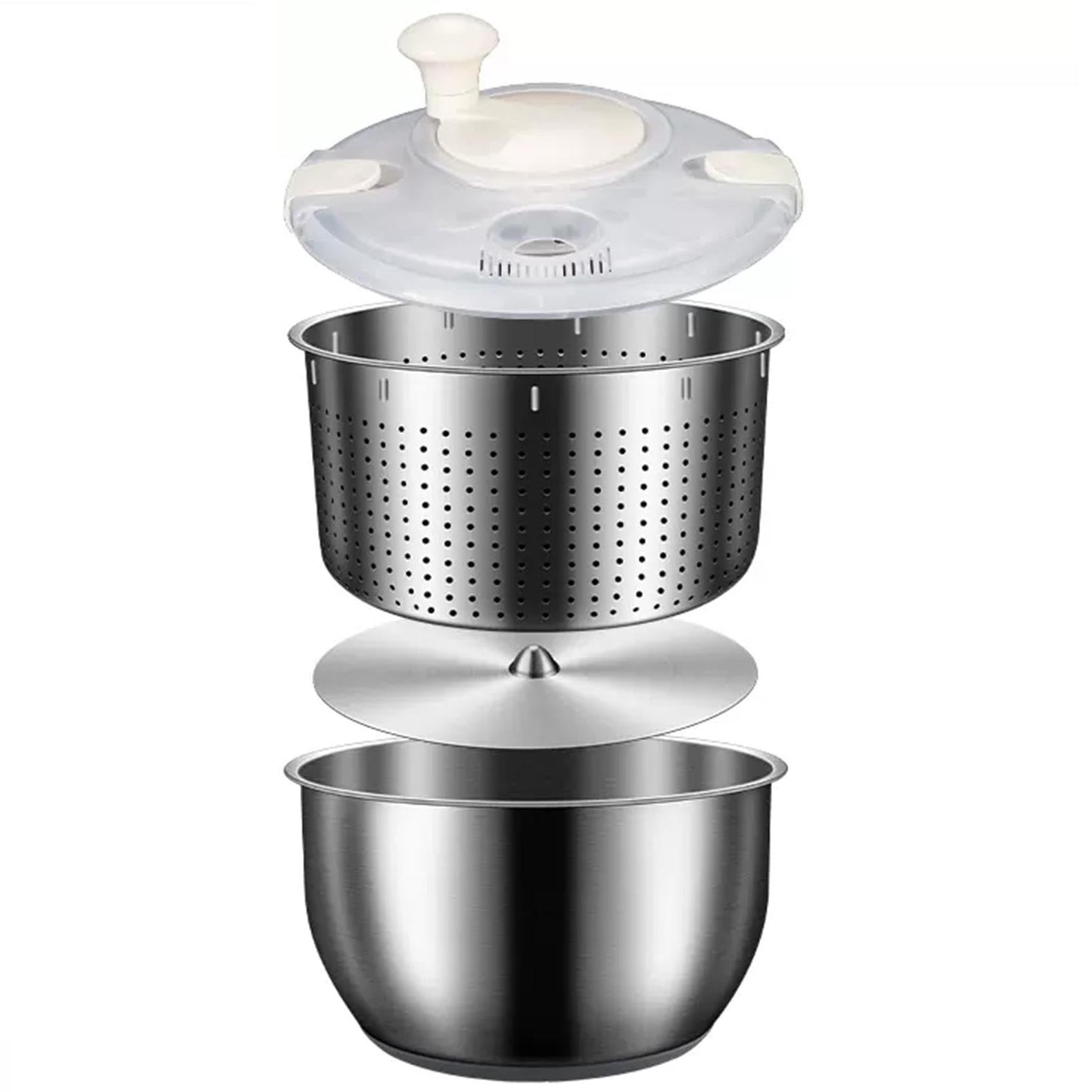 6L Salad Spinner, Stainless Steel Large Vegetable Washer, PP Lid, for Fruit Washer， Pasta and Fries Spinner