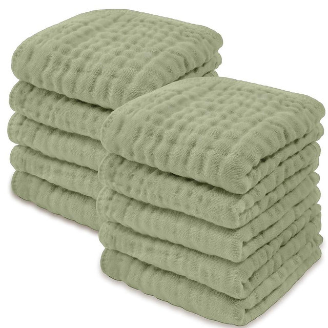 Comfy Cubs Muslin Baby Washcloths 10 Pack - Soft 6-Layer Cotton Wash Cloths for Sensitive Skin - 10"x10" Large, Gentle, Absorbent Infant Essentials for Newborn and Toddlers - (Sage)