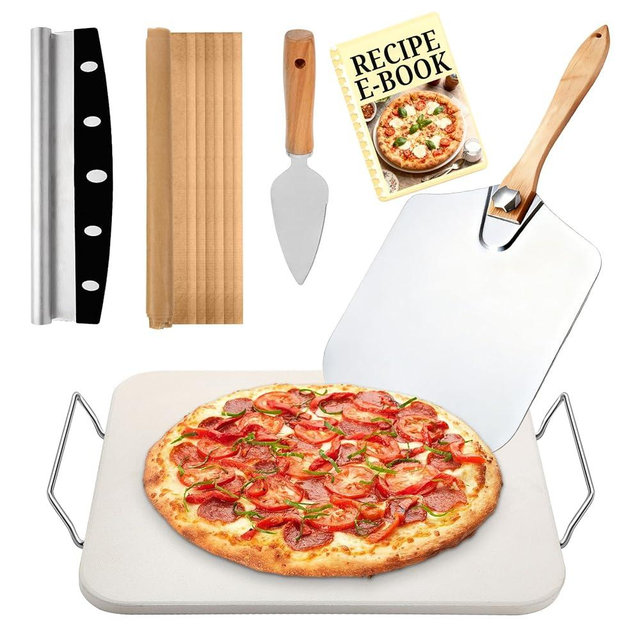 Pizza Stones Set - 15 x 12 Inch Large Pizza Stone for Oven and Grill Durable and Safe Baking Stone Thermal Shock Resistant Cooking Stone with Stainless Steel Pizza Peel Paddle & Cutter