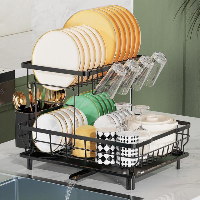 SKONYON Dish Drying Rack 2-Tier Detachable Stainless Steel Rack with Cutlery Box and Cup Holder