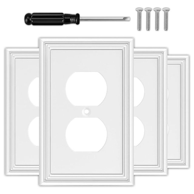 White Decorative Outlet Covers Wall Plates, Bamboo Fiber Electric Receptacle Cover Switch Plate Outlet Cover - Modern Style (1 Gang Single Duplex 4 Pack)