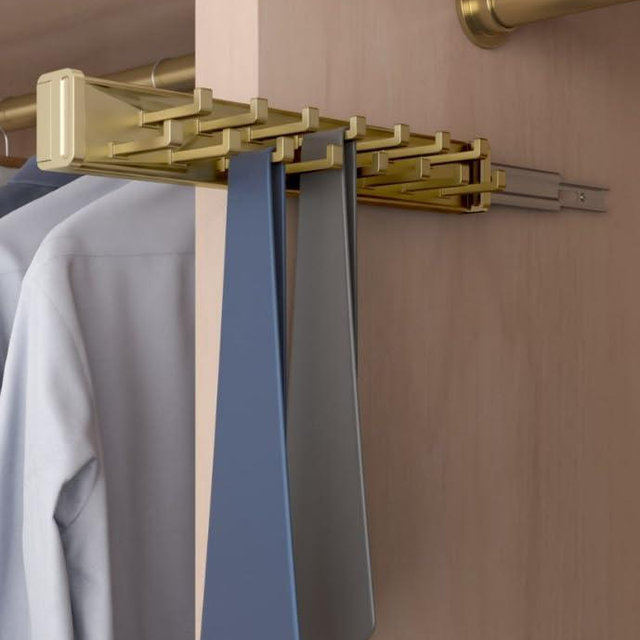 Kitchen Inventions 15-Hook Designer Wardrobe Reversible Closet Tie Rack with 11.22 Inch Retractable Pullout Extension (Matte Brass)
