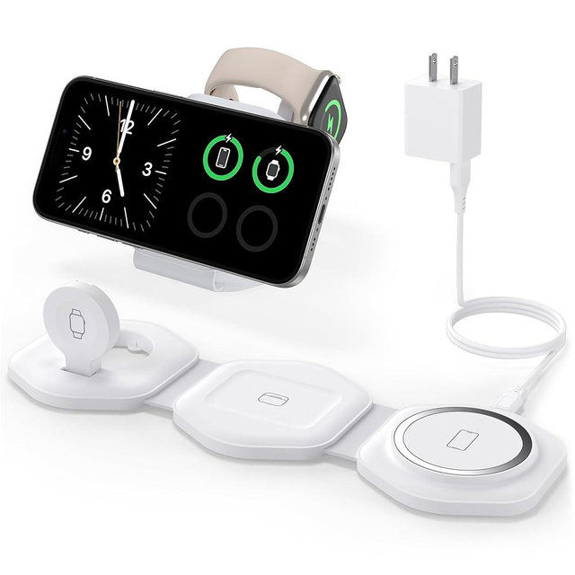 3 in 1 Charging Station for Apple Devices - Foldable Magnetic Wireless Travel Charger Multiple Devices - Travel Charging Pad for MagSafe iPhone 16 15 14 13 12 Pro Max Plus Apple Watch & AirPod
