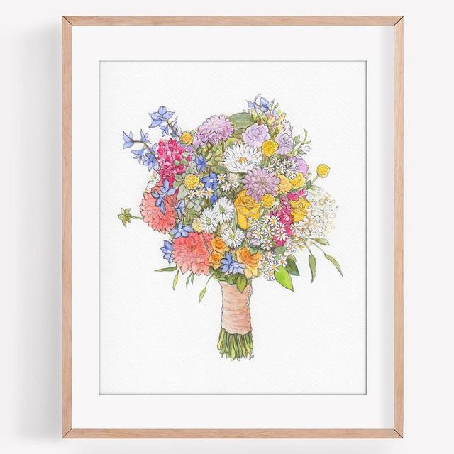 Custom Wedding Bouquet Illustration, 8x10", Custom Wedding Day Flowers Portrait, Mixed Media Hand Drawn Art, 1st Anniversary Paper Gift Idea