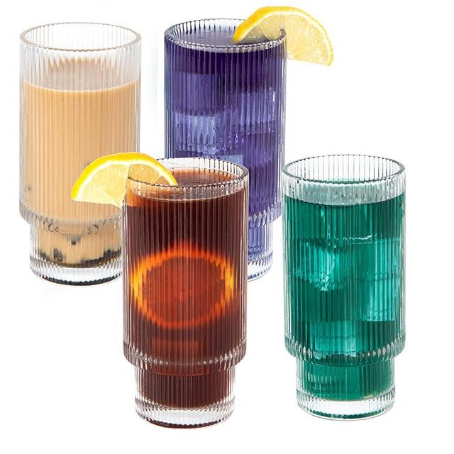 Crutello Ripple Drinking Glasses - 10 oz Glassware Set - Highball Vintage Cups For Cocktails, Juice, Iced Tea, Lemonade - Ribbed Glassware Set of 4