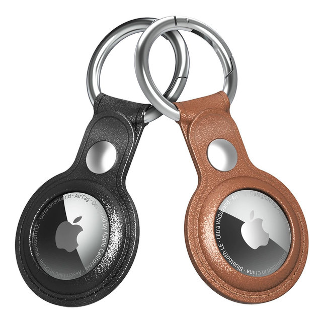 Vena Protective Leather Carry Case with Keychain Ring for Apple AirTag - Black & Brown - 2 Pack