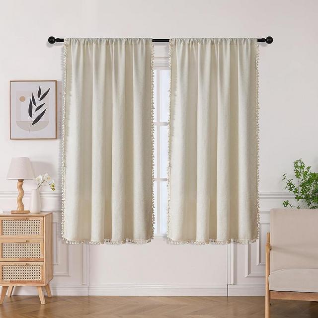 Joydeco Beige Boho Curtains for Bedroom Living Room, Farmhouse Curtains 63 inch Length 2 Panels Burg, Light Filtering Living Room Curtains, Country Rustic Linen Sheer Curtains