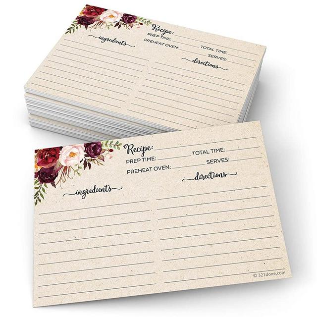 321Done Floral Recipe Cards (Set of 50) Rustic 4" x 6" - Double Sided Premium Card Stock - Made in USA - Large Watercolor Red Roses, Kraft Tan Notes From