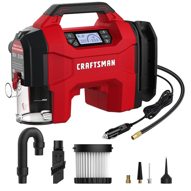 CRAFTSMAN Inflator/Vacuum/Blower 3-IN-1, Tire Inflator Portable Air Compressor with LED Light, Car Vacuum or Blower, Ultra Quiet, Max Pressure 160 PSI, 12V DC Corded And 20V DC Cordless Battery