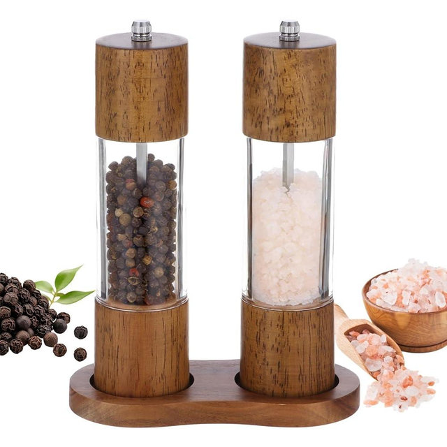 Acacia Wood Salt and Pepper Grinder Set, 2 Pcs 8.5" Wooden Salt and Pepper Shakers, Including Wooden Base, Refillable Spice Wooden Mills, Ideal for Kitchen, Dining Table