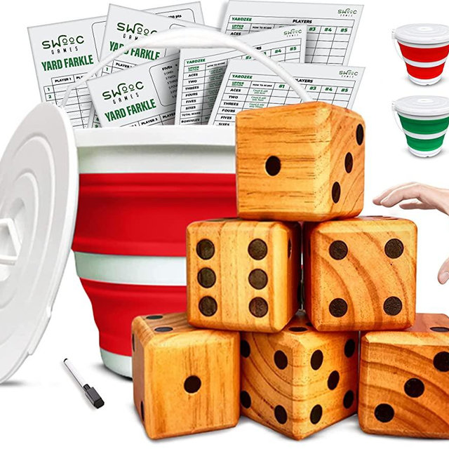 Splinter Woodworking Co. Yardzee, Farkle & 20+ Games (All Weather) - Yard Dice Game Set with Red or Green Collapsible Bucket, Lid, 5 Big Laminated Score Cards & Marker