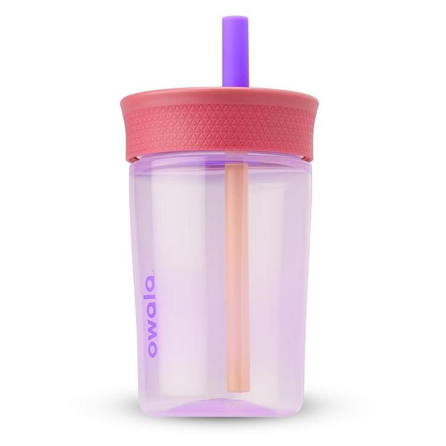 Owala Kids BPA-Free Plastic Tumbler with Spill Resistant Flexible Straw, Easy to Clean, Kids Water Bottle, Great for Travel, Dishwasher Safe, 15 Oz, Pink and Purple (Lilac Rocket)