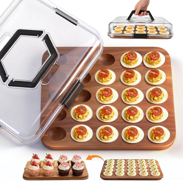 Deviled Egg Platter with Lid, 25 Slots Wooden Deviled Egg Container for Serving and Transporting, Reversible Deviled Egg Tray Plate Charcuterie Board for Parties, Holidays & Family Gatherings