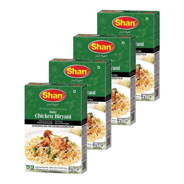 Shan Malay Chicken Biryani Recipe and Seasoning Mix 2.11 oz (60g) - Spice Powder for Chicken Layered Pilaf - Suitable for Vegetarians - Airtight Bag in a Box (Pack of 4)