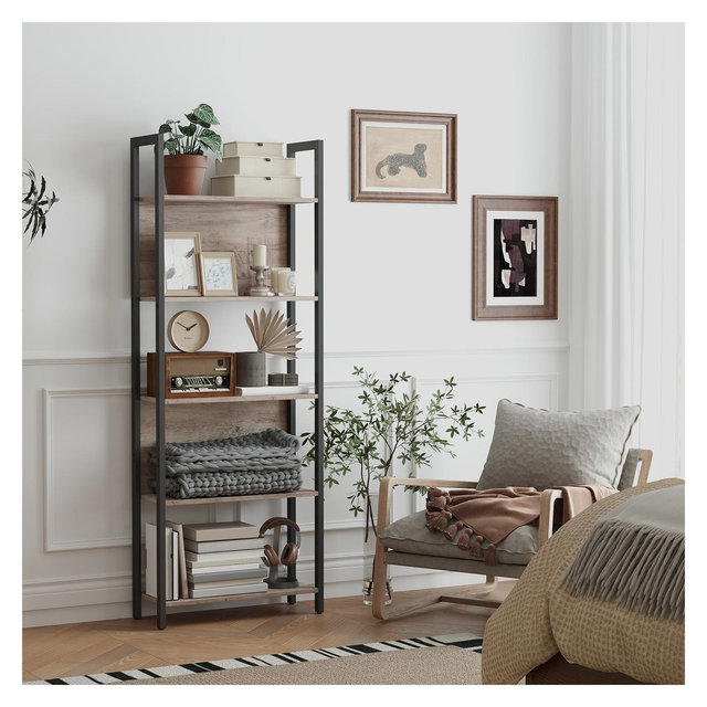 5-Tier Bookcase, Bookshelf, Book Shelf, with Steel Frame, for Living Room, Home Office, Bedroom, 9.4 x 24.4 x 65 Inches