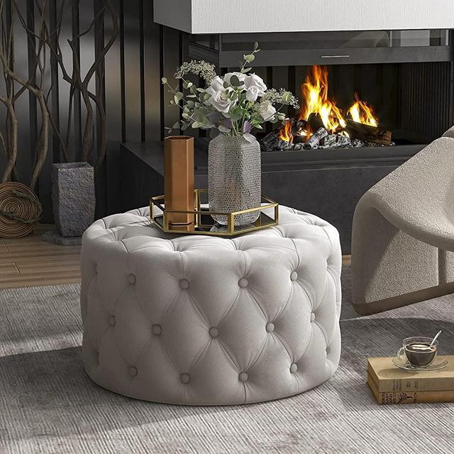 Velvet Button Tufted Round Ottoman Coffee Table Cocktail Footrest Stool, Fabric Upholstered Ottoman for Living Room Bedroom (Beige)