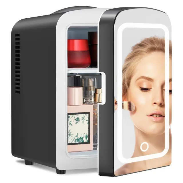 ZAFRO Makeup Compact Refrigerator With Mirror, 4L Mini Fridge for Bedroom, Car, Office & Dorm, Portable Small Cooler for Cosmetics, Skin Care, Black